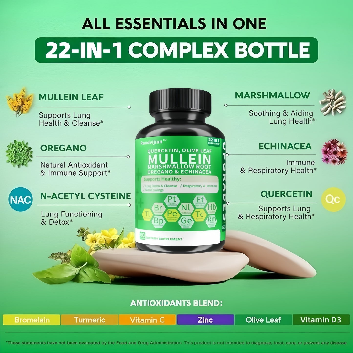 Upgraded Model Generation 2-Lung Supplement With Mullein Leaf, Vitamin C&D3, Selenium, Zinc, Quercetin & Bromelain, Lung Health Formula Herbal For Respiratory, Breathing & Bronchial Health