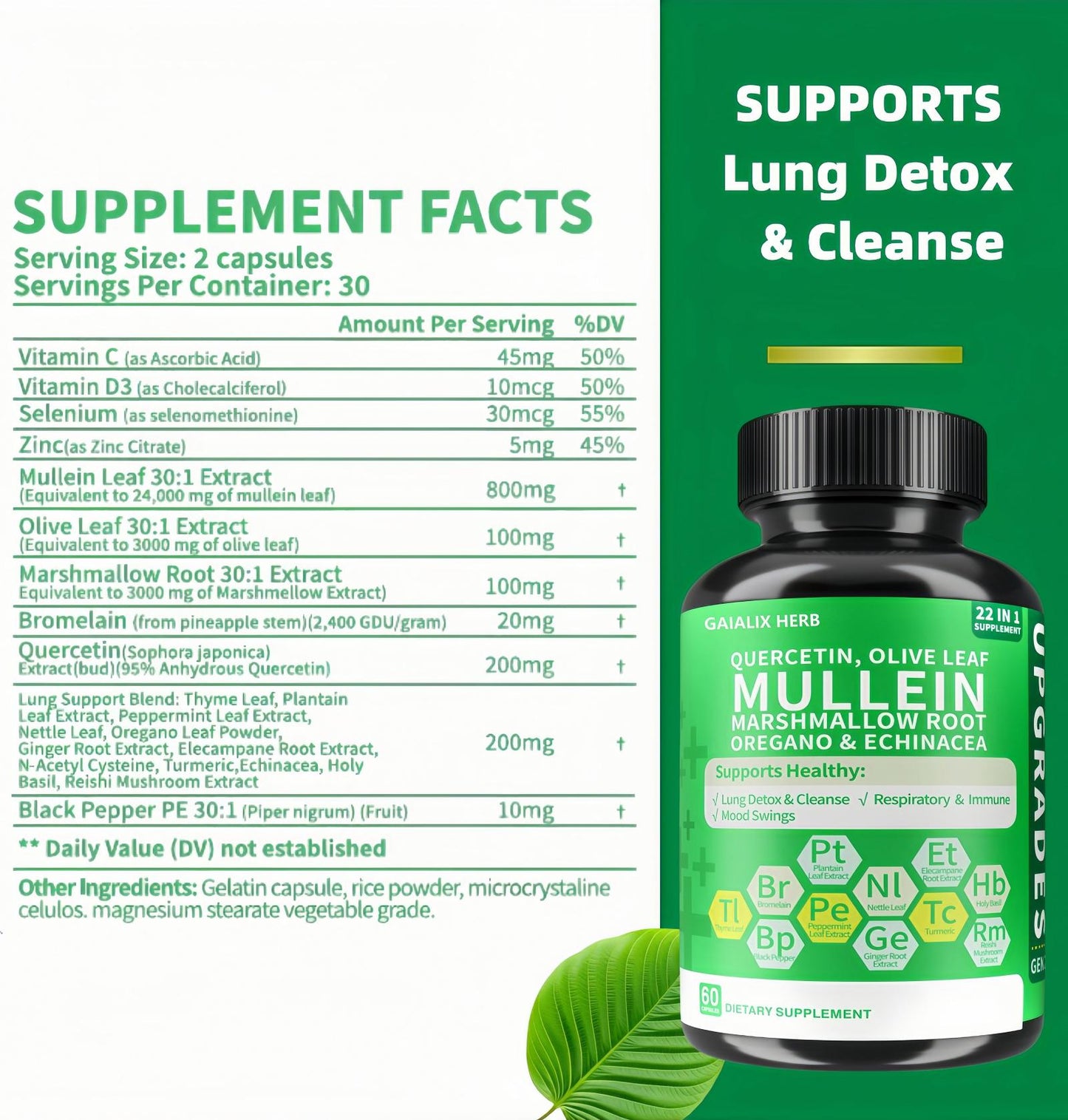 Upgraded Model Generation 2-Lung Supplement With Mullein Leaf, Vitamin C&D3, Selenium, Zinc, Quercetin & Bromelain, Lung Health Formula Herbal For Respiratory, Breathing & Bronchial Health